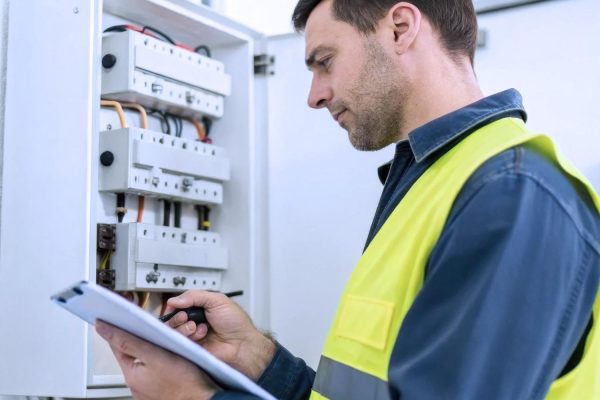 An electrician in a yellow safety vest inspects and records info